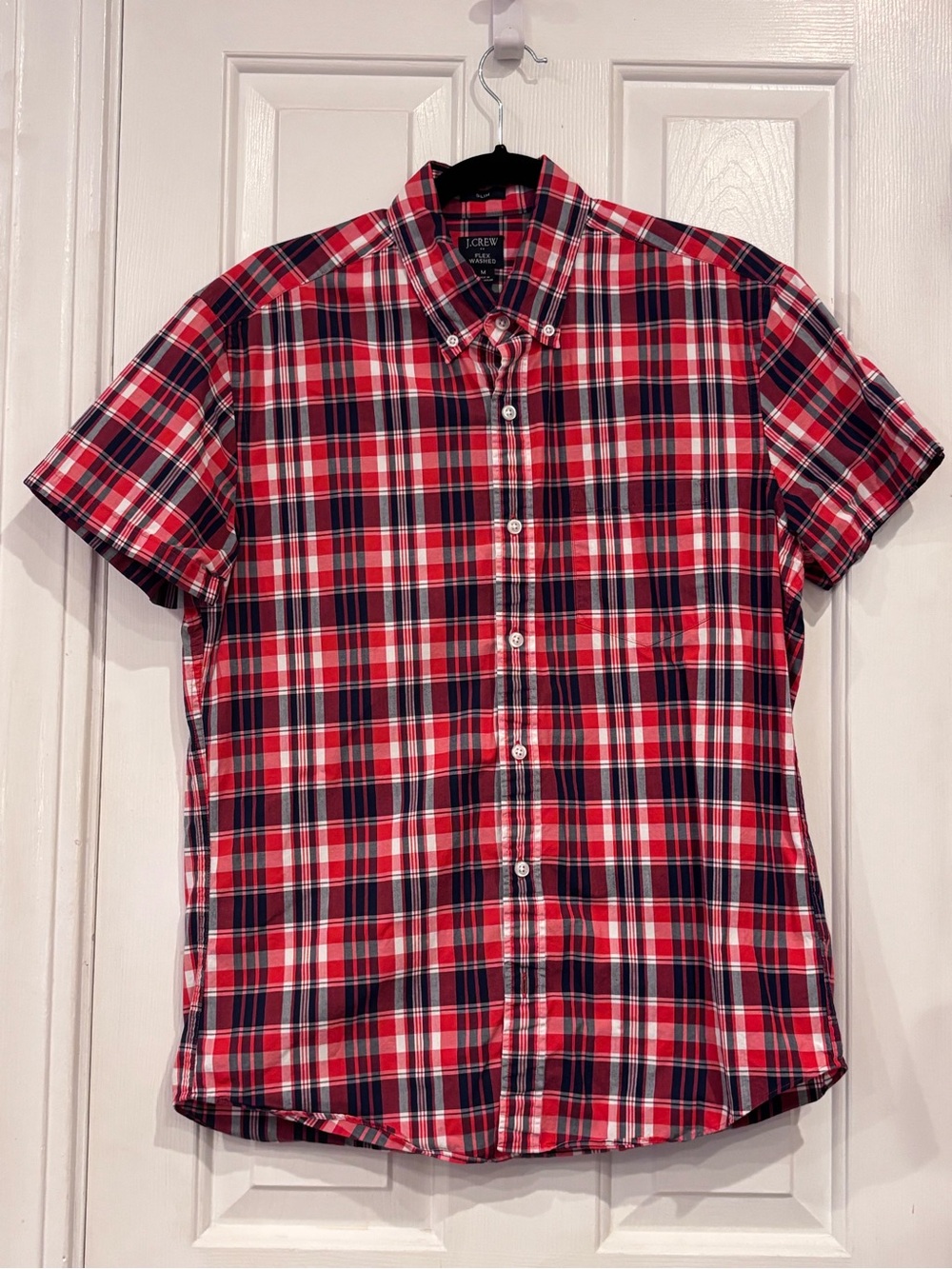 J. Crew Men's Red and Navy Plaid Short-Sleeve Button-Down Shirt